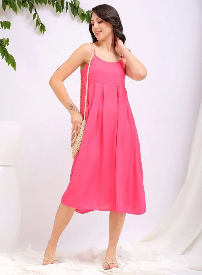 Freehand  Women Fit and Flared Solid Square Neck Sleeveless Pleated Dress for Women | Best Price UAE
