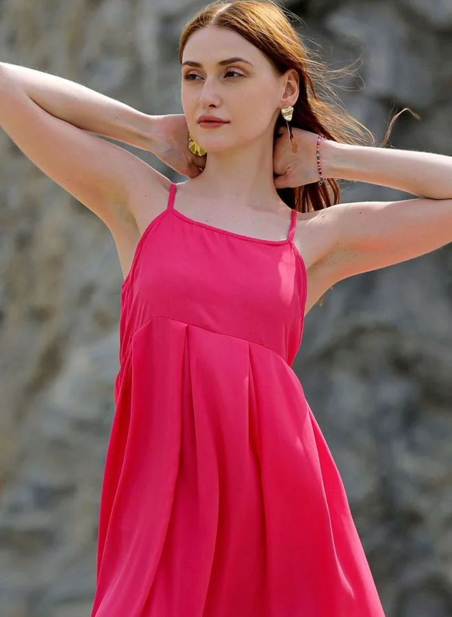 Freehand  Women Fit and Flared Solid Square Neck Sleeveless Pleated Dress for Women | Best Price UAE