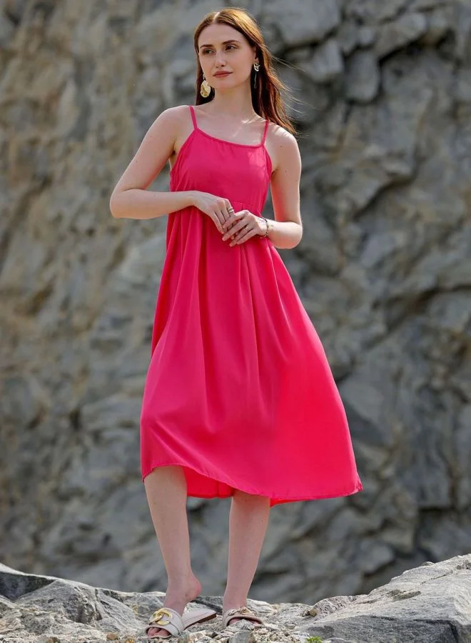 Women Fit and Flared Solid Square Neck Sleeveless Pleated Dress