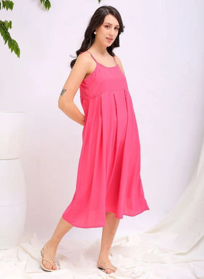 Freehand  Women Fit and Flared Solid Square Neck Sleeveless Pleated Dress for Women | Best Price UAE