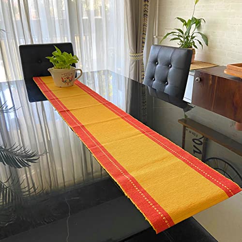 Rangbhar Handloom Ribbed Cotton Table Runner for Living/Dining Room/Home Decor, Anti Skid, Reversible, Machine Washable, 12 X 72 inches, Striped, Red Mustard - Image 1