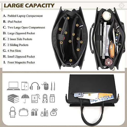 NEWHEY Laptop Bag for Women 15.6 inch Leather Tote Bag 2pcs Set Professional Work Bag with Clutch Purse Large Office Computer Tote Teacher Purse Shoulder Bag, Black - Image 4