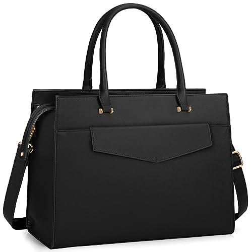 NEWHEY Laptop Bag for Women 15.6 inch Leather Tote Bag 2pcs Set Professional Work Bag with Clutch Purse Large Office Computer Tote Teacher Purse Shoulder Bag, Black - Image 1