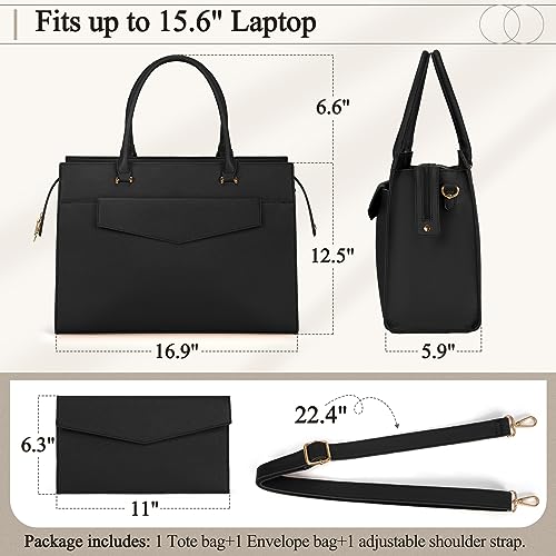 NEWHEY Laptop Bag for Women 15.6 inch Leather Tote Bag 2pcs Set Professional Work Bag with Clutch Purse Large Office Computer Tote Teacher Purse Shoulder Bag, Black - Image 5