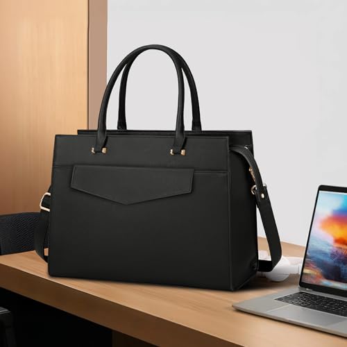 NEWHEY Laptop Bag for Women 15.6 inch Leather Tote Bag 2pcs Set Professional Work Bag with Clutch Purse Large Office Computer Tote Teacher Purse Shoulder Bag, Black - Image 2