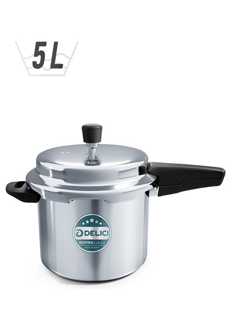 DELICI 5Liters Aluminium Pressure Cooker 5 Litre - Superior Virgin Aluminium, High Thermal Heating Capacity, Extra Safe GRV System, Quick Heating Bottom, Heat Proof Bakelite Handle, Leak-Free Outer Lid Aluminum Pressure Cooker 5 LTR  - Image 1