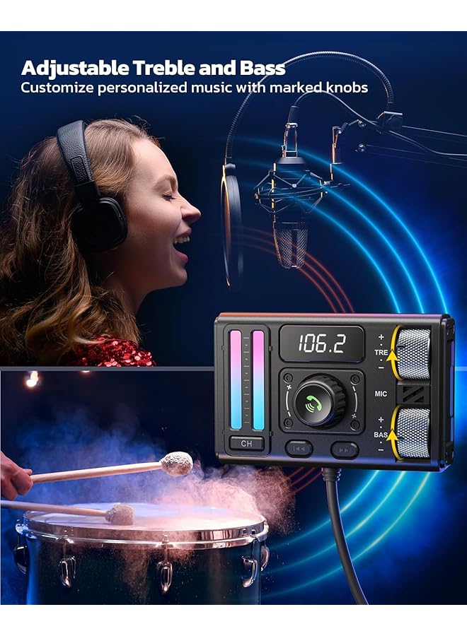 كاست ويف محول سيارة بلوتوث 5.3، جهاز إرسال FM للسيارة مزود بفتحة تهوية وإلغاء ضوضاء DSP، شاحن سيارة من النوع C Pd وQc3.0، راديو لاسلكي يدعم تعزيز الجهير والترددات العالية، أسود - Image 2