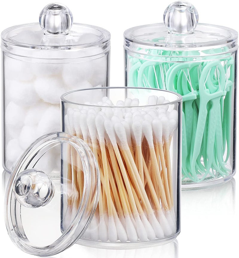 HOLLIO Cotton Swab Holder Dispenser for Cotton Ball Pads, Floss -15oz Qtip Apothecary Jar Set for Bathroom Canister Storage Organization, Vanity Makeup Organizer (2, Transparant) - Image 1