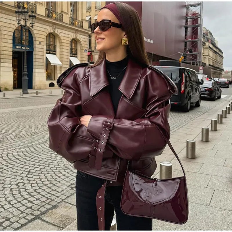 THLAI Womens PU Leather Jacket Long Sleeve Retro Collar Motorcycle Jacket Casual Coat - Image 2