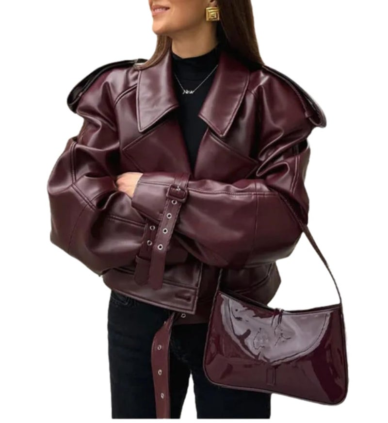 THLAI Womens PU Leather Jacket Long Sleeve Retro Collar Motorcycle Jacket Casual Coat - Image 1