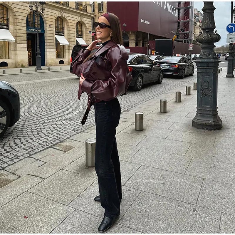 THLAI Womens PU Leather Jacket Long Sleeve Retro Collar Motorcycle Jacket Casual Coat - Image 3