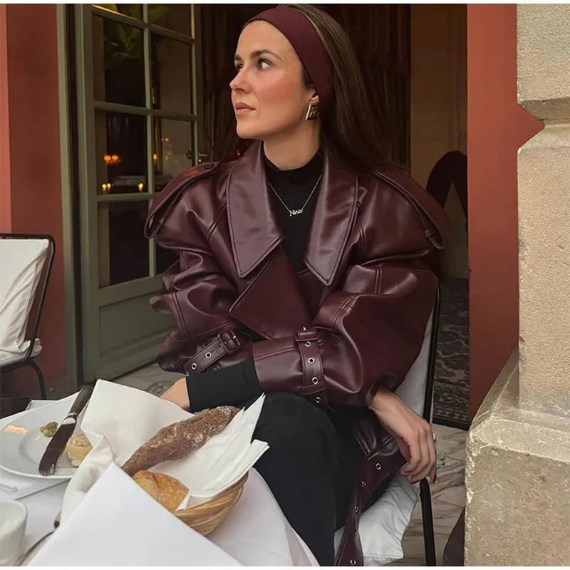 THLAI Womens PU Leather Jacket Long Sleeve Retro Collar Motorcycle Jacket Casual Coat - Image 5