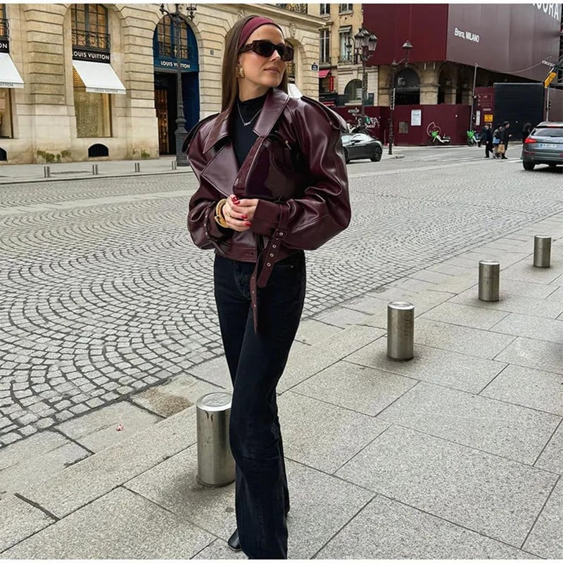 THLAI Womens PU Leather Jacket Long Sleeve Retro Collar Motorcycle Jacket Casual Coat - Image 4