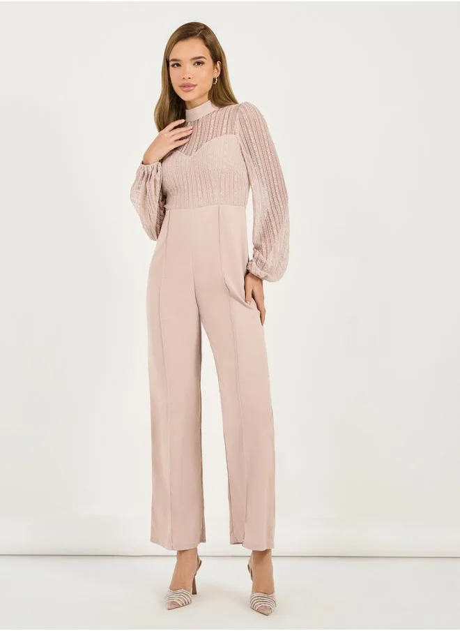 Styli Lace Detail Mesh Insert Wide Leg Jumpsuit