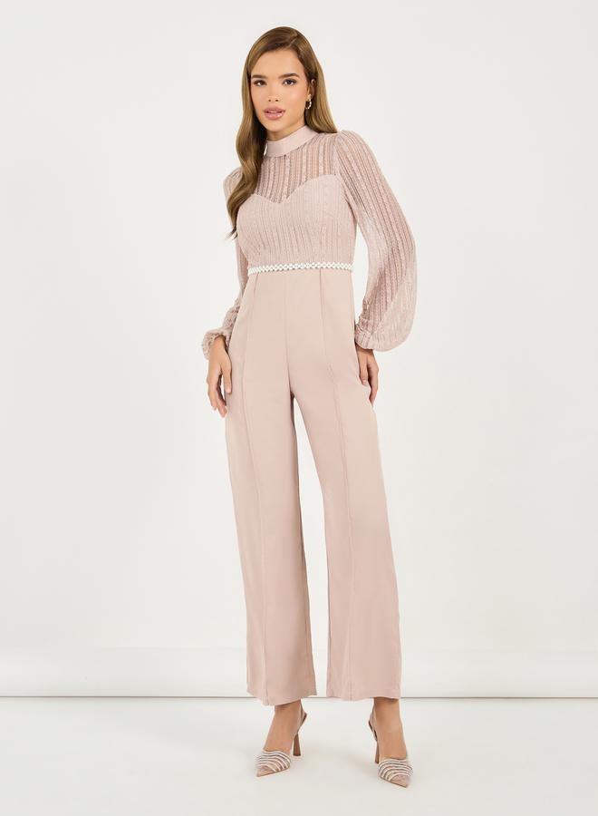 Styli Lace Detail Mesh Insert Wide Leg Jumpsuit  - Image 4