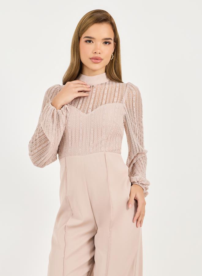 Styli Lace Detail Mesh Insert Wide Leg Jumpsuit  - Image 5