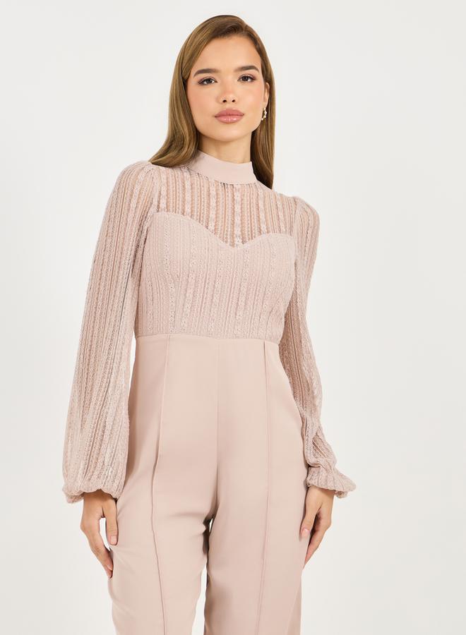Styli Lace Detail Mesh Insert Wide Leg Jumpsuit  - Image 2