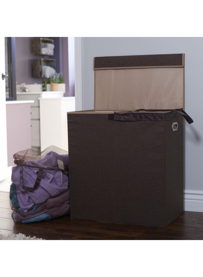 Household Essentials 5614 Double Hamper Laundry Sorter with Magnetic Lid, Brown Coffee Linen - Image 1