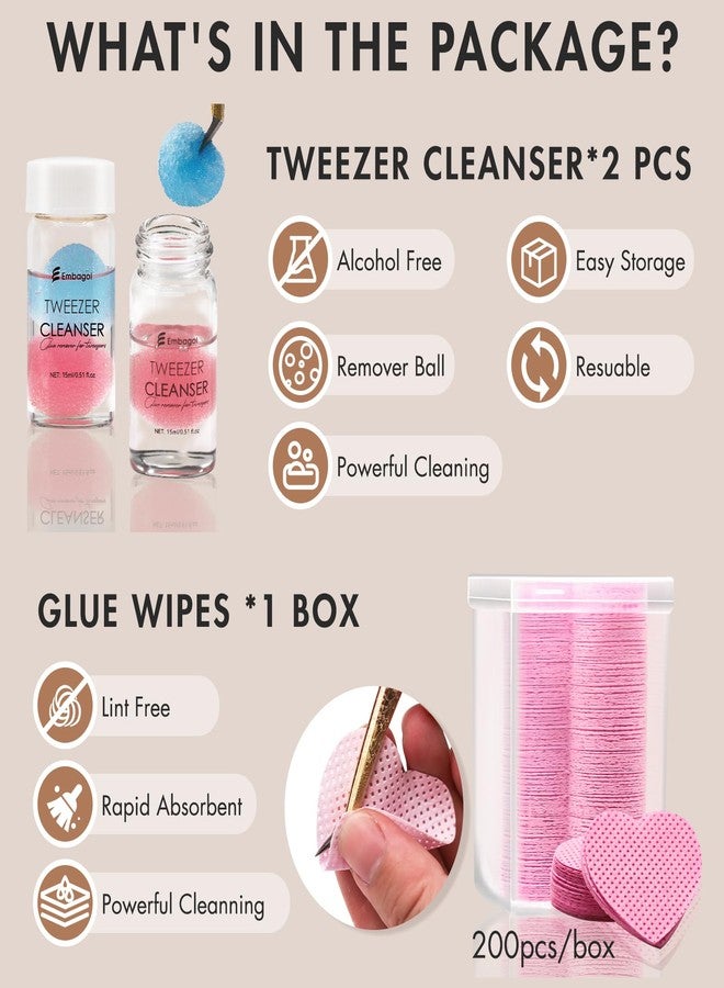 Embagol Tweezer Cleanser for Eyelash Extensions with Nail Wipes Lint Free Glue wipes Tweezers Glue Remover Liquid for Lash Tools with 2 Spongeballs Kit(2 Bottles Cleanser+1 Glue Wipes) - Image 5