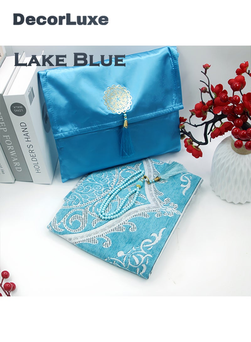 DecorLuxe 3-piece Portable Prayer Mat Set. 1*Silk Bag, 1*Prayer Mat, 1*Prayer Beads. Lake Blue Color. - Image 1