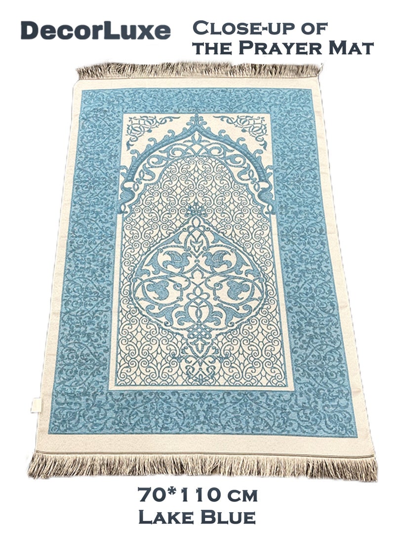 DecorLuxe 3-piece Portable Prayer Mat Set. 1*Silk Bag, 1*Prayer Mat, 1*Prayer Beads. Lake Blue Color. - Image 2