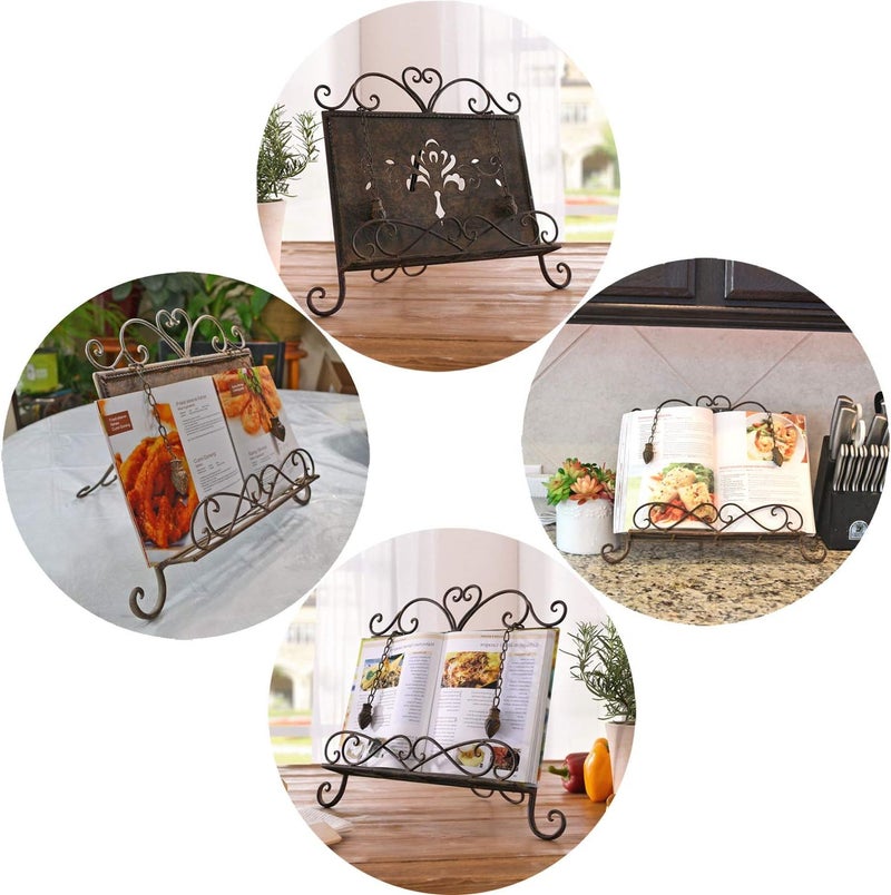 Westcharm Holiday Gift - Antique Metal Kitchen Cookbook Stand, Recipe Book Holder, iPad Holder, Cookery Book Easel with Weighted Chains, Rustic Dark Brown - Image 4