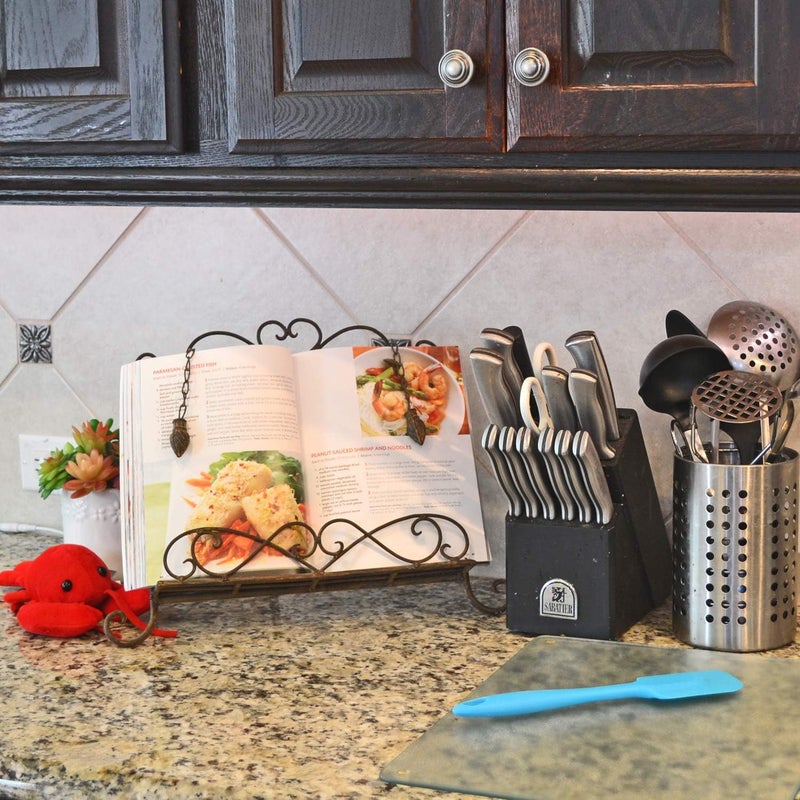 Westcharm Holiday Gift - Antique Metal Kitchen Cookbook Stand, Recipe Book Holder, iPad Holder, Cookery Book Easel with Weighted Chains, Rustic Dark Brown - Image 2