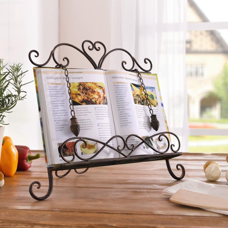 Westcharm Holiday Gift - Antique Metal Kitchen Cookbook Stand, Recipe Book Holder, iPad Holder, Cookery Book Easel with Weighted Chains, Rustic Dark Brown - Image 1