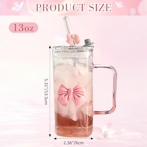 Dvehdbay Coquette Bow Aesthetic Cup - Pink Bow Glass Cup, Cute Glass Cups with Lids and Straws, 16 oz Bow Tumbler Iced Coffee Tumbler Cups for Girls Bestfriend (Clear) - Image 2