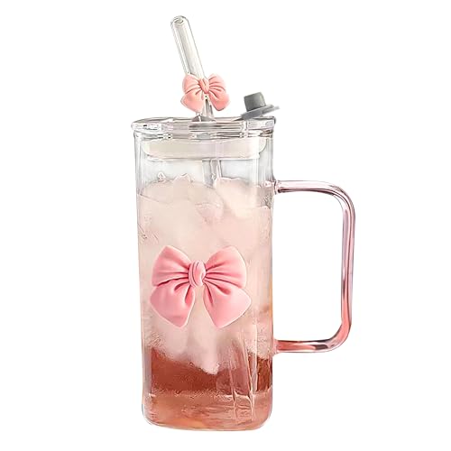Dvehdbay Coquette Bow Aesthetic Cup - Pink Bow Glass Cup, Cute Glass Cups with Lids and Straws, 16 oz Bow Tumbler Iced Coffee Tumbler Cups for Girls Bestfriend (Clear) - Image 1