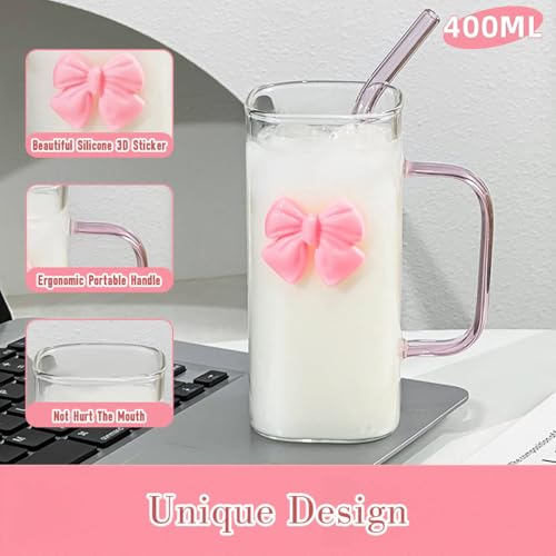Dvehdbay Coquette Bow Aesthetic Cup - Pink Bow Glass Cup, Cute Glass Cups with Lids and Straws, 16 oz Bow Tumbler Iced Coffee Tumbler Cups for Girls Bestfriend (Clear) - Image 3