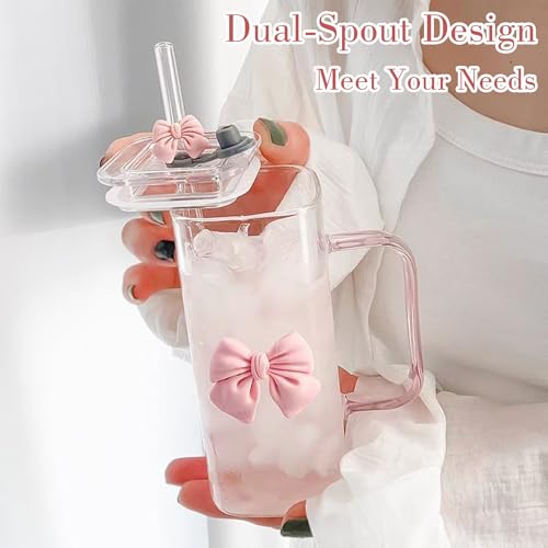 Dvehdbay Coquette Bow Aesthetic Cup - Pink Bow Glass Cup, Cute Glass Cups with Lids and Straws, 16 oz Bow Tumbler Iced Coffee Tumbler Cups for Girls Bestfriend (Clear) - Image 5