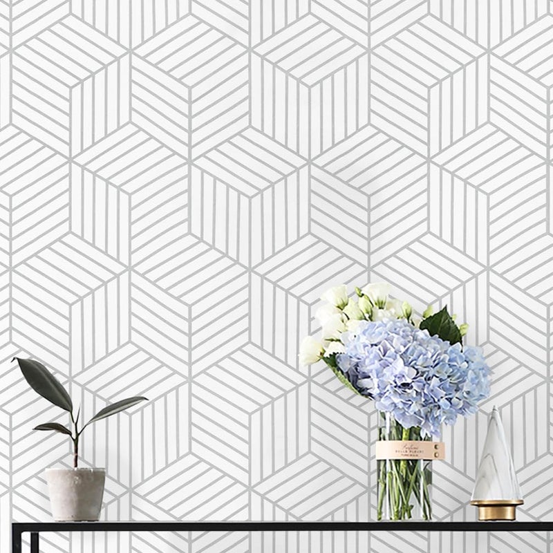 CiCiwind 177x197 Peel and Stick Wallpaper White Silver Wallpaper Geometric Striped Hexagon Contact Paper Removable SelfAdhesive Wallpaper Textured Contact Paper for Bedroom Study Room Walls