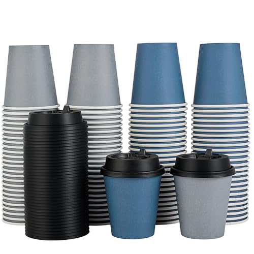 LITOPAK 100 Pack 10 oz Disposable Paper Coffee Cups with Lids for Coffee Water Juice or Tea Blue and Gray Hot Paper Cups for Home Restaurant Store and Cafe - Image 2