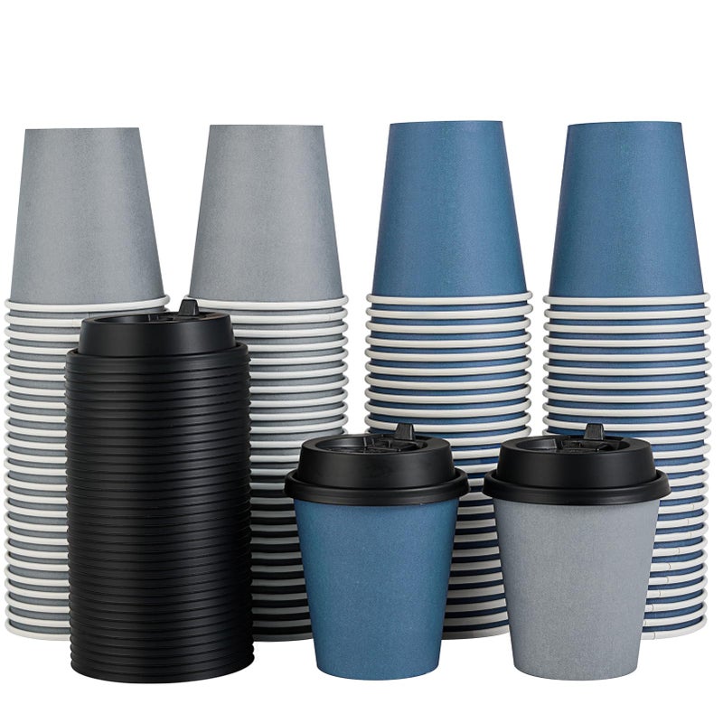 LITOPAK 100 Pack 10 oz Disposable Paper Coffee Cups with Lids for Coffee Water Juice or Tea Blue and Gray Hot Paper Cups for Home Restaurant Store and Cafe - Image 3