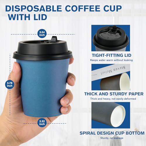 LITOPAK 100 Pack 10 oz Disposable Paper Coffee Cups with Lids for Coffee Water Juice or Tea Blue and Gray Hot Paper Cups for Home Restaurant Store and Cafe - Image 5