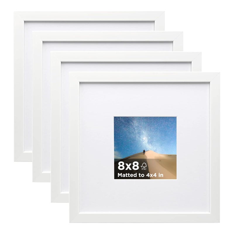 KINLINK 8x8 Picture Frame White Set of 4 Wooden Square Photo Frames Matted 4x4 with Plexiglass for 4x4 with Mat or 8x8 without Mat for Table and Wall Display