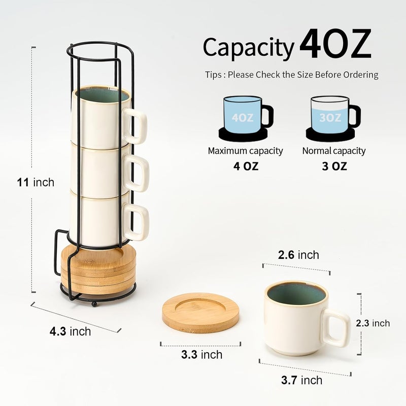 LUKA Porcelain Stackable Espresso Cups with Saucers and Metal Stand, 4 Ounce Small Ceramic Demitasse Cups Set for Latte, Specialty Coffee Drinks, Cafe Mocha,Tea - Set of 4, White Green Interior - Image 3