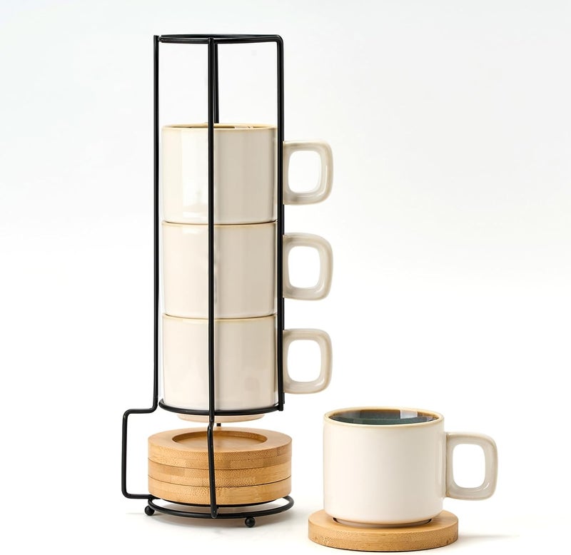 LUKA Porcelain Stackable Espresso Cups with Saucers and Metal Stand, 4 Ounce Small Ceramic Demitasse Cups Set for Latte, Specialty Coffee Drinks, Cafe Mocha,Tea - Set of 4, White Green Interior - Image 1