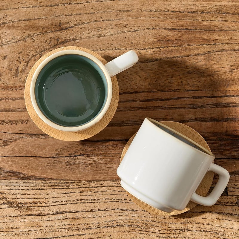 LUKA Porcelain Stackable Espresso Cups with Saucers and Metal Stand, 4 Ounce Small Ceramic Demitasse Cups Set for Latte, Specialty Coffee Drinks, Cafe Mocha,Tea - Set of 4, White Green Interior - Image 2