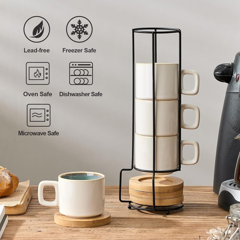 LUKA Porcelain Stackable Espresso Cups with Saucers and Metal Stand, 4 Ounce Small Ceramic Demitasse Cups Set for Latte, Specialty Coffee Drinks, Cafe Mocha,Tea - Set of 4, White Green Interior - Image 4