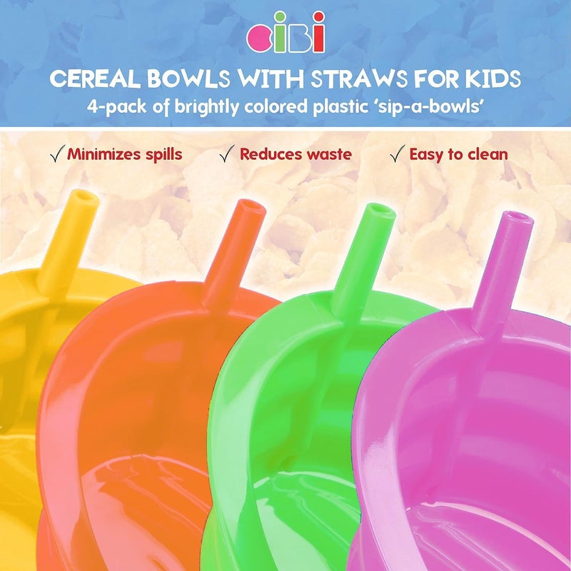 Cibi Cereal Bowls with Straws for Kids BPAFree Plastic  Toddler SipABowls with BuiltIn Straw for Cereal and Soup  Set of 4 Colorful Breakfast Bowls - Image 2