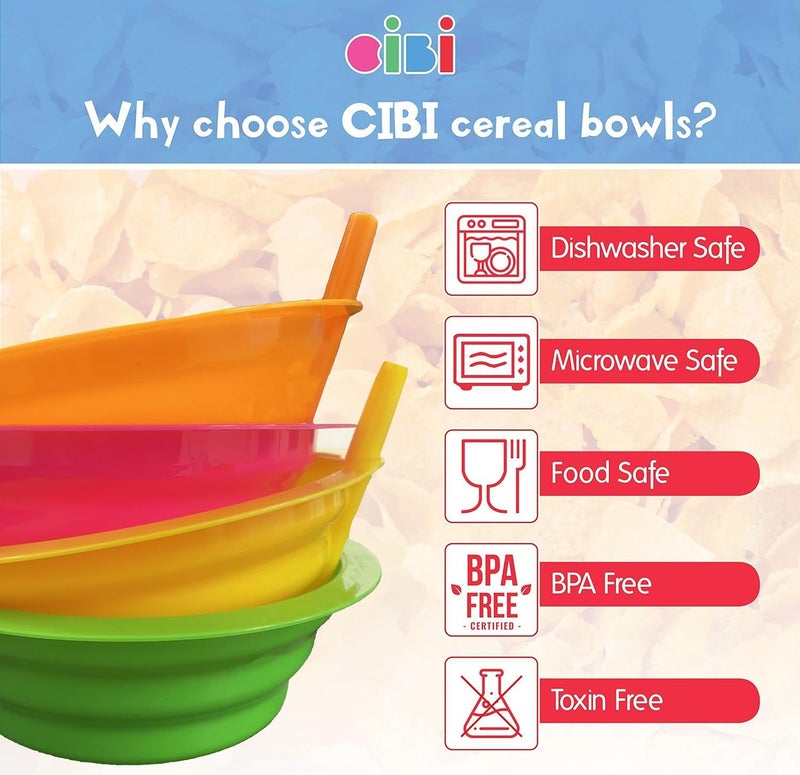 Cibi Cereal Bowls with Straws for Kids BPAFree Plastic  Toddler SipABowls with BuiltIn Straw for Cereal and Soup  Set of 4 Colorful Breakfast Bowls - Image 4