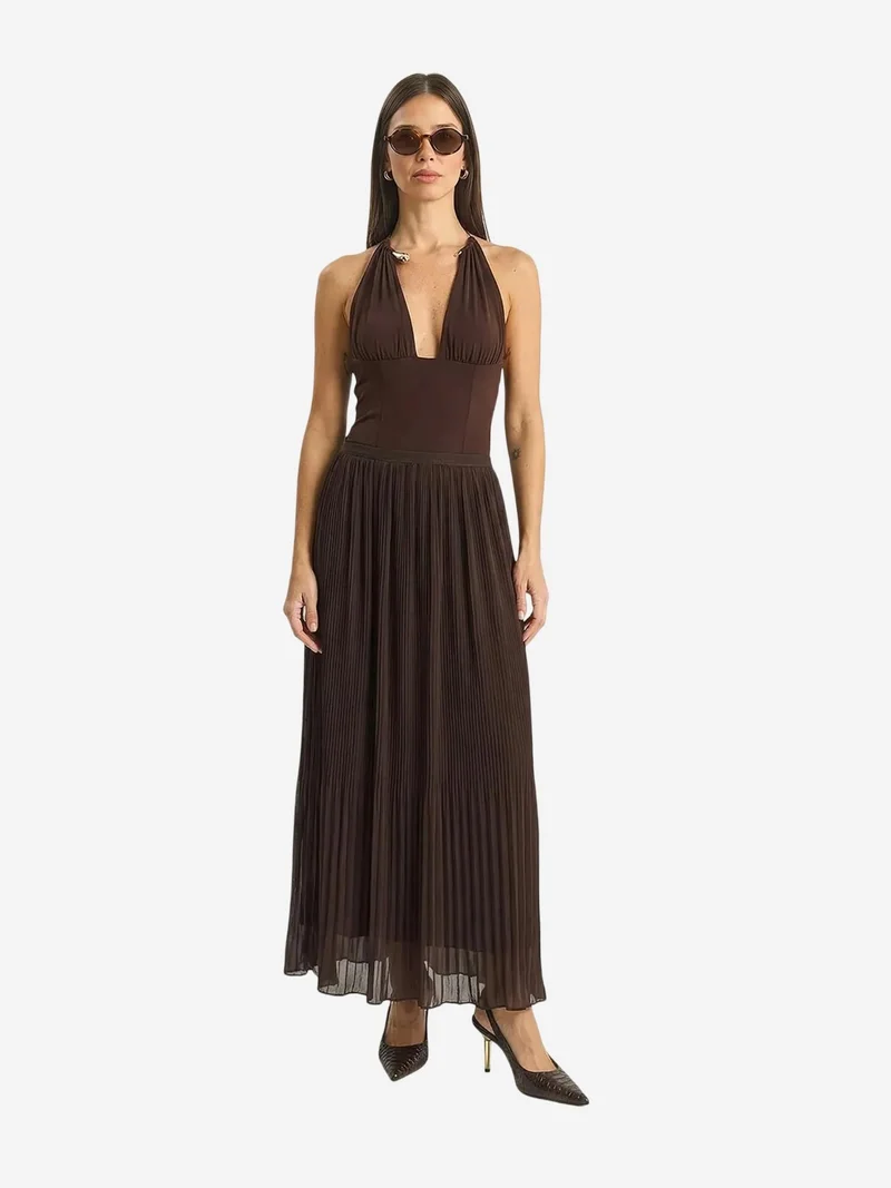 Bianco Lucci Mocha Brown LUCCI High Waist Pleated Maxi Skirt for Women | Best Price UAE