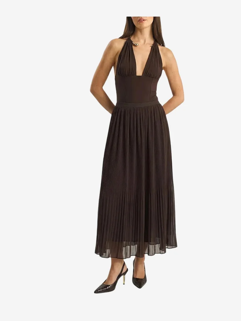 Bianco Lucci Mocha Brown LUCCI High Waist Pleated Maxi Skirt for Women | Best Price UAE