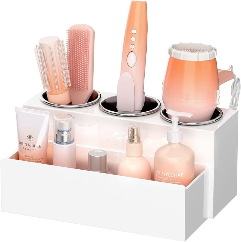 NIUBEE Hair Tool Organizer, Acrylic Hair Dryer and Styling Holder, Bathroom Countertop Blow Dryer Organizer, Vanity Storage Stand for Accessories, Makeup, Toiletries (White) - Image 1