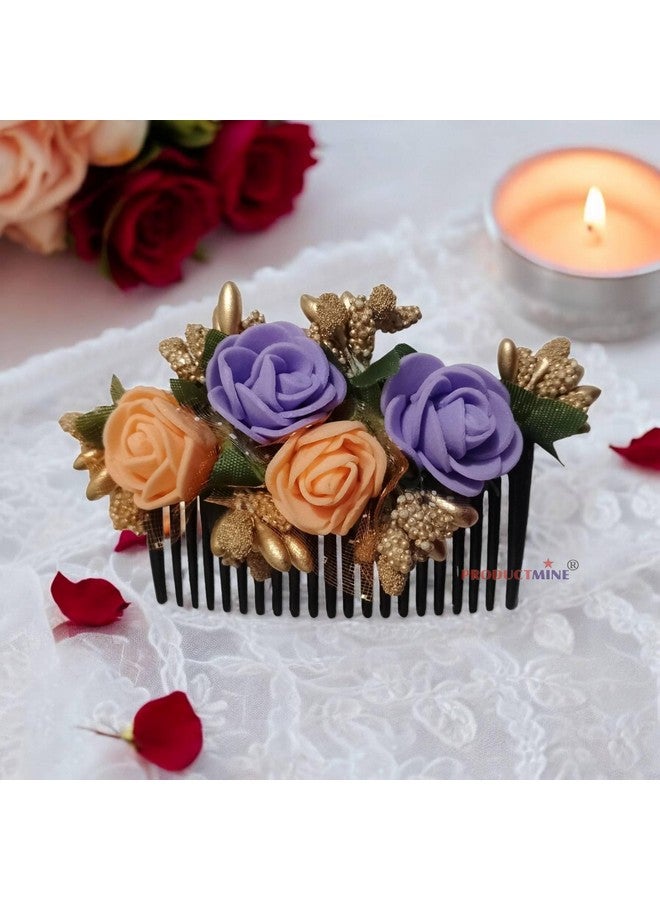 PRODUCTMINE® Floral hair Comb Flower Hair Comb flower hair accessories hair comb pin floral for Women and Girls hair pins for women wedding - Artificial ORANGE & PURPLE COLOR : 1 Pc - Image 2