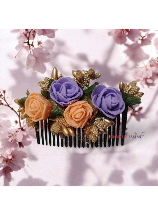 PRODUCTMINE® Floral hair Comb Flower Hair Comb flower hair accessories hair comb pin floral for Women and Girls hair pins for women wedding - Artificial ORANGE & PURPLE COLOR : 1 Pc - Image 3