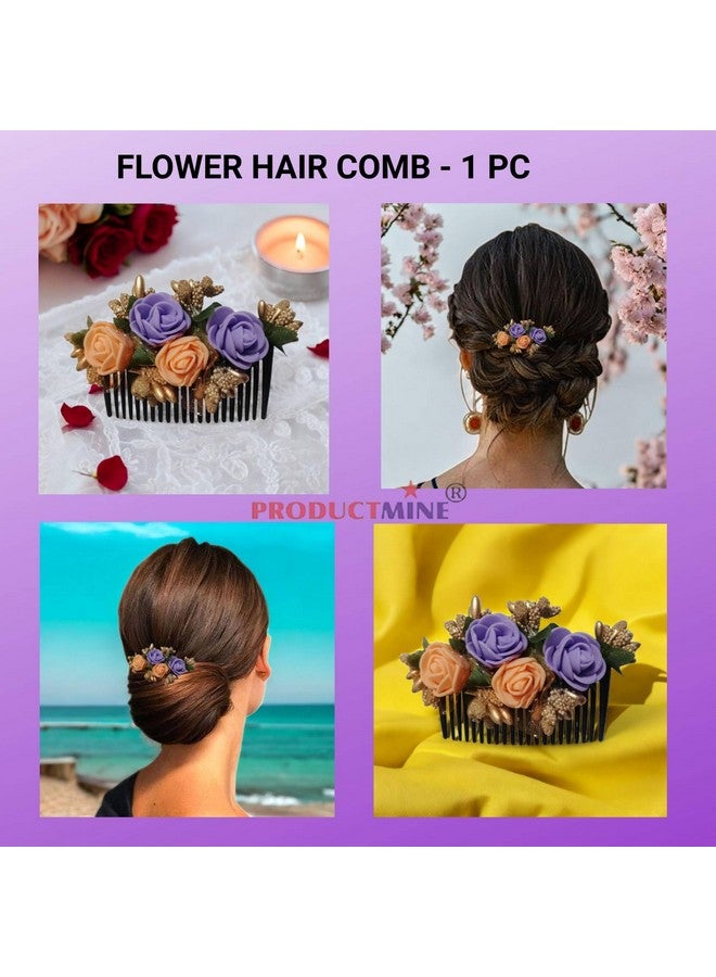 PRODUCTMINE® Floral hair Comb Flower Hair Comb flower hair accessories hair comb pin floral for Women and Girls hair pins for women wedding - Artificial ORANGE & PURPLE COLOR : 1 Pc - Image 4
