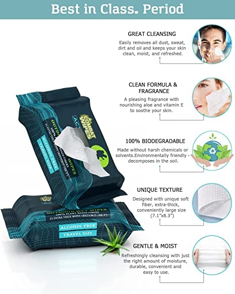 Combat Wipes ACTIVE Outdoor Wet Wipes - Extra Thick Camping Gear, Biodegradable, Body & Hand Cleansing/Refreshing Cloths for Backpacking & Gym w/Natural Aloe & Vitamin E(2 pack, 25 wipes each) - Image 2